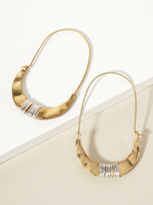 Dual-Tone Hammered-Texture Wire-Wrapped Oval-Shaped Hoop Earrings