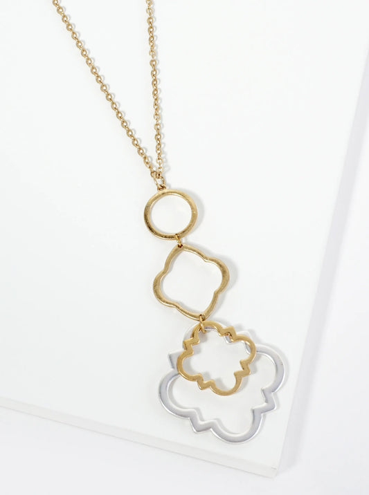Dual-Tone Linked Quatrefoil Pendant 32 Inch Long Necklace