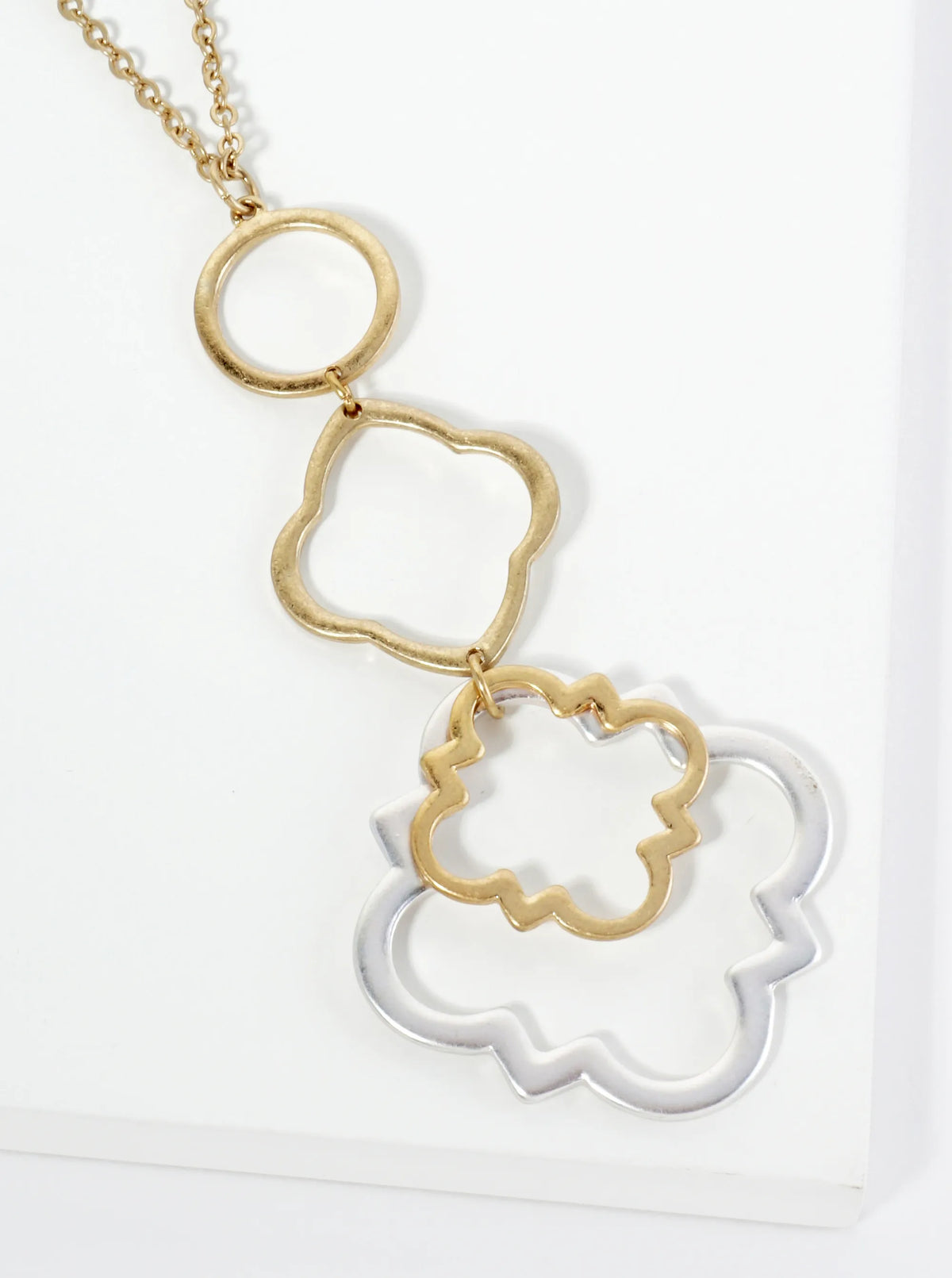 Dual-Tone Linked Quatrefoil Pendant 32 Inch Long Necklace