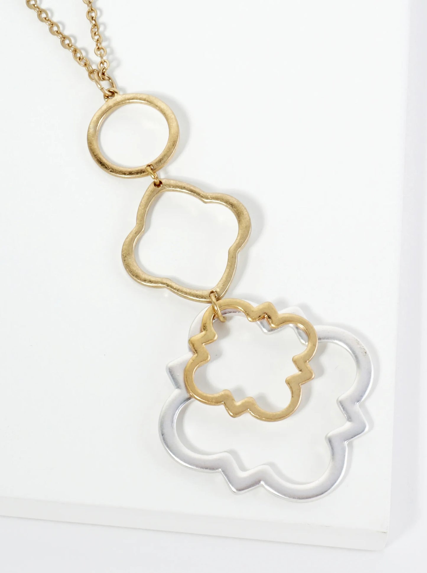 Dual-Tone Linked Quatrefoil Pendant 32 Inch Long Necklace