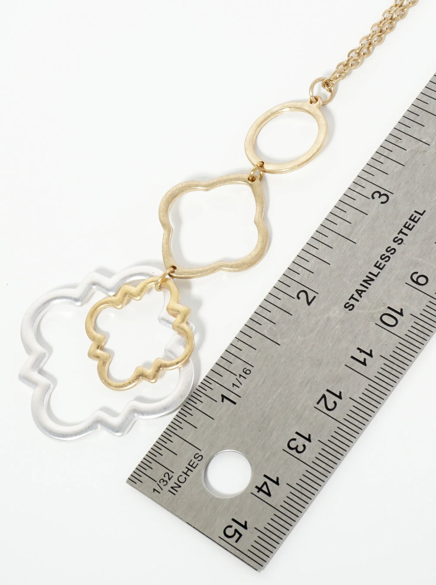 Dual-Tone Linked Quatrefoil Pendant 32 Inch Long Necklace