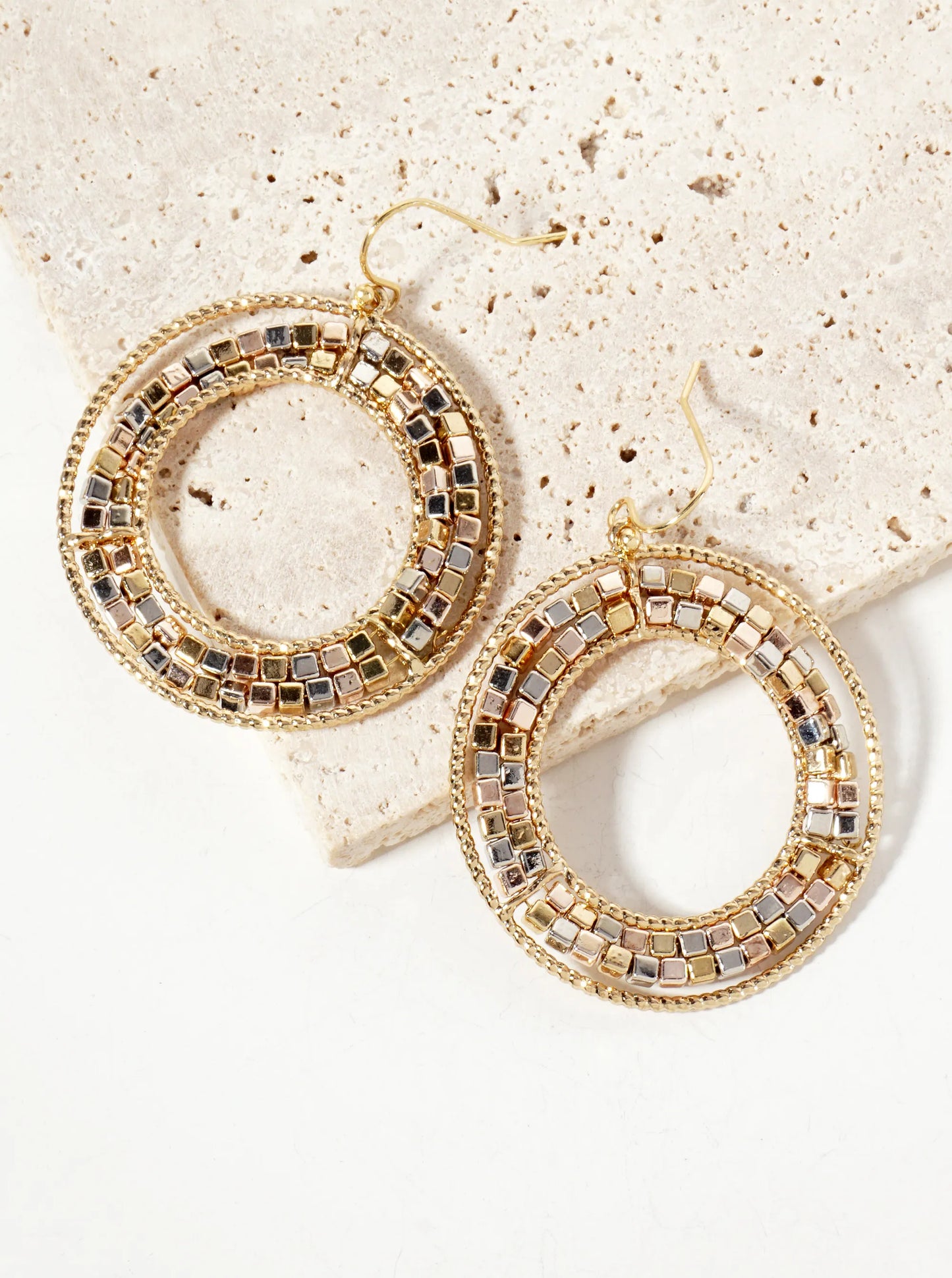 Dual-Tone Metallic-Beaded Circle Drop Earrings
