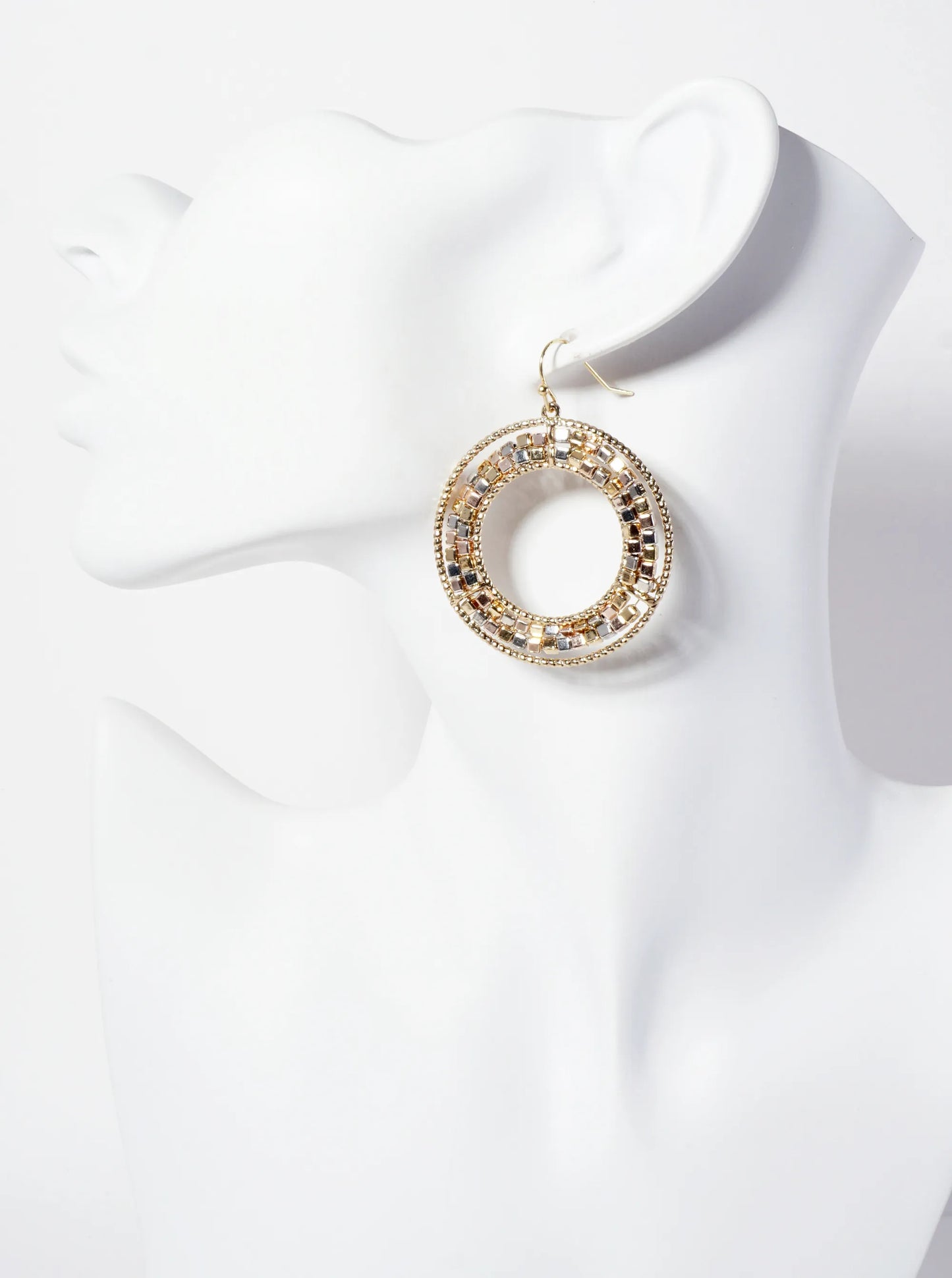 Dual-Tone Metallic-Beaded Circle Drop Earrings