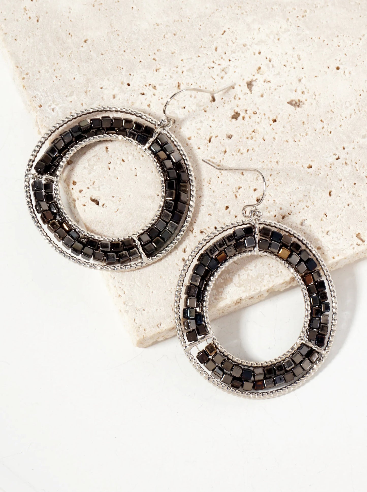 Dual-Tone Metallic-Beaded Circle Drop Earrings