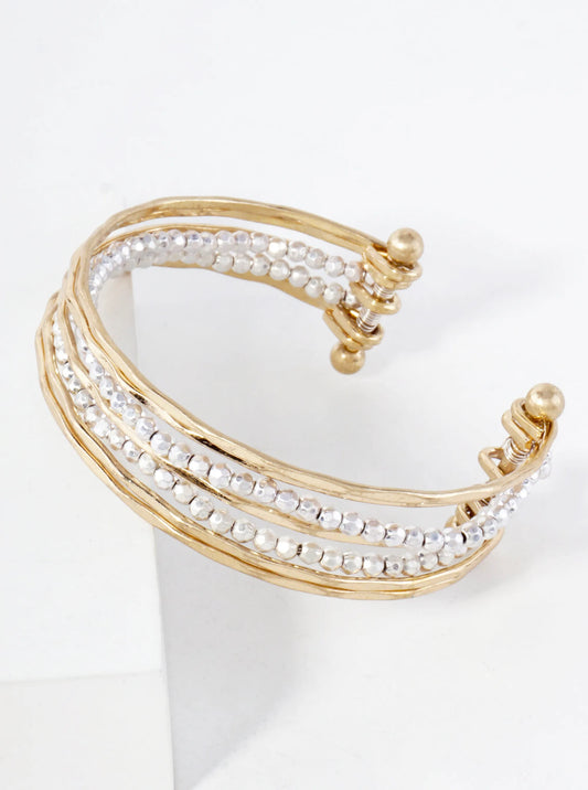 Dual-Tone Metallic-Beaded Multi Layered Open Cuff Bracelet