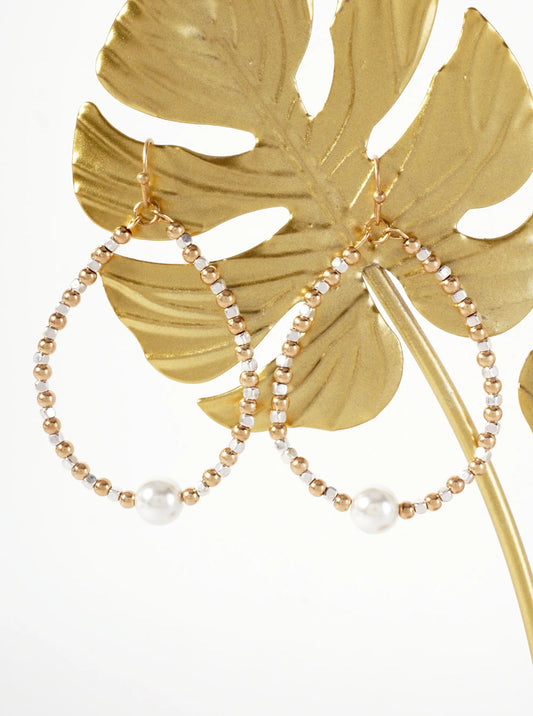 Dual-Tone Metallic-Beaded Wire Teardrop Dangle Earrings With Pearl Accents