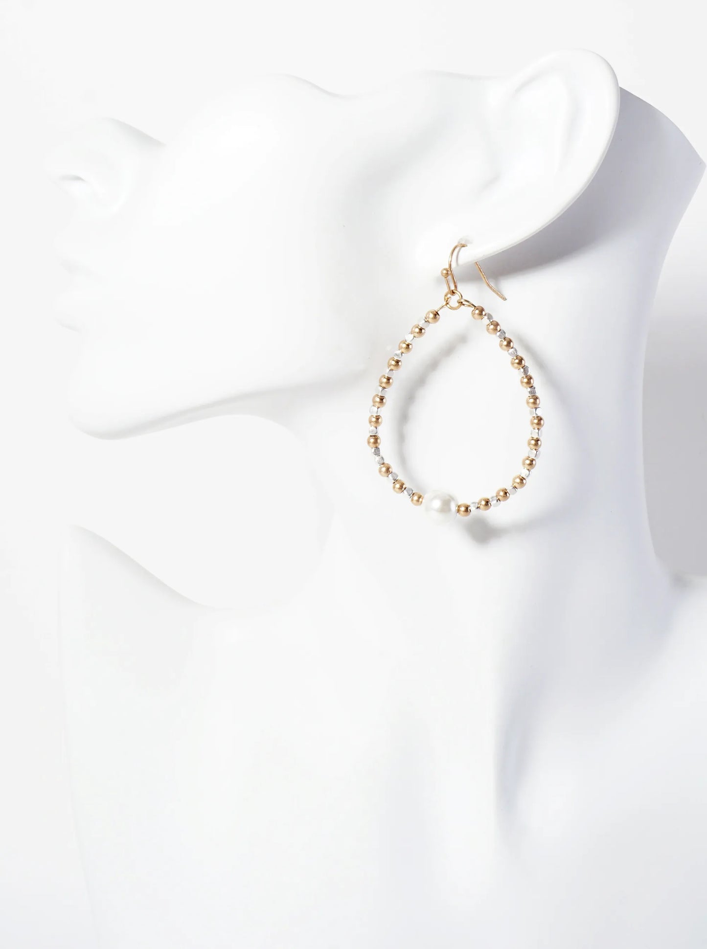 Dual-Tone Metallic-Beaded Wire Teardrop Dangle Earrings With Pearl Accents