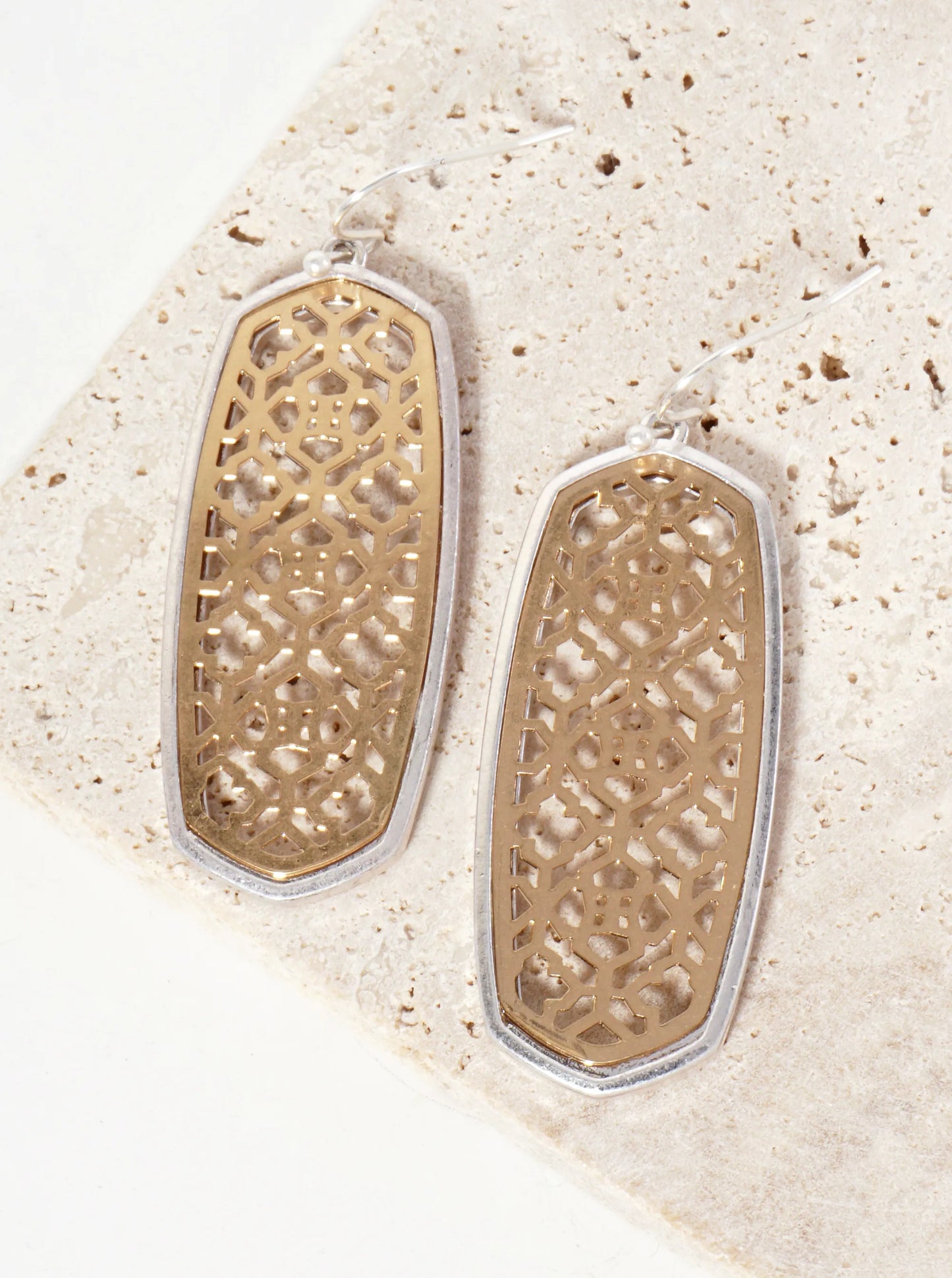 Dual-Tone Quatrefoil Filigree Hexagon Drop Dangle Earrings