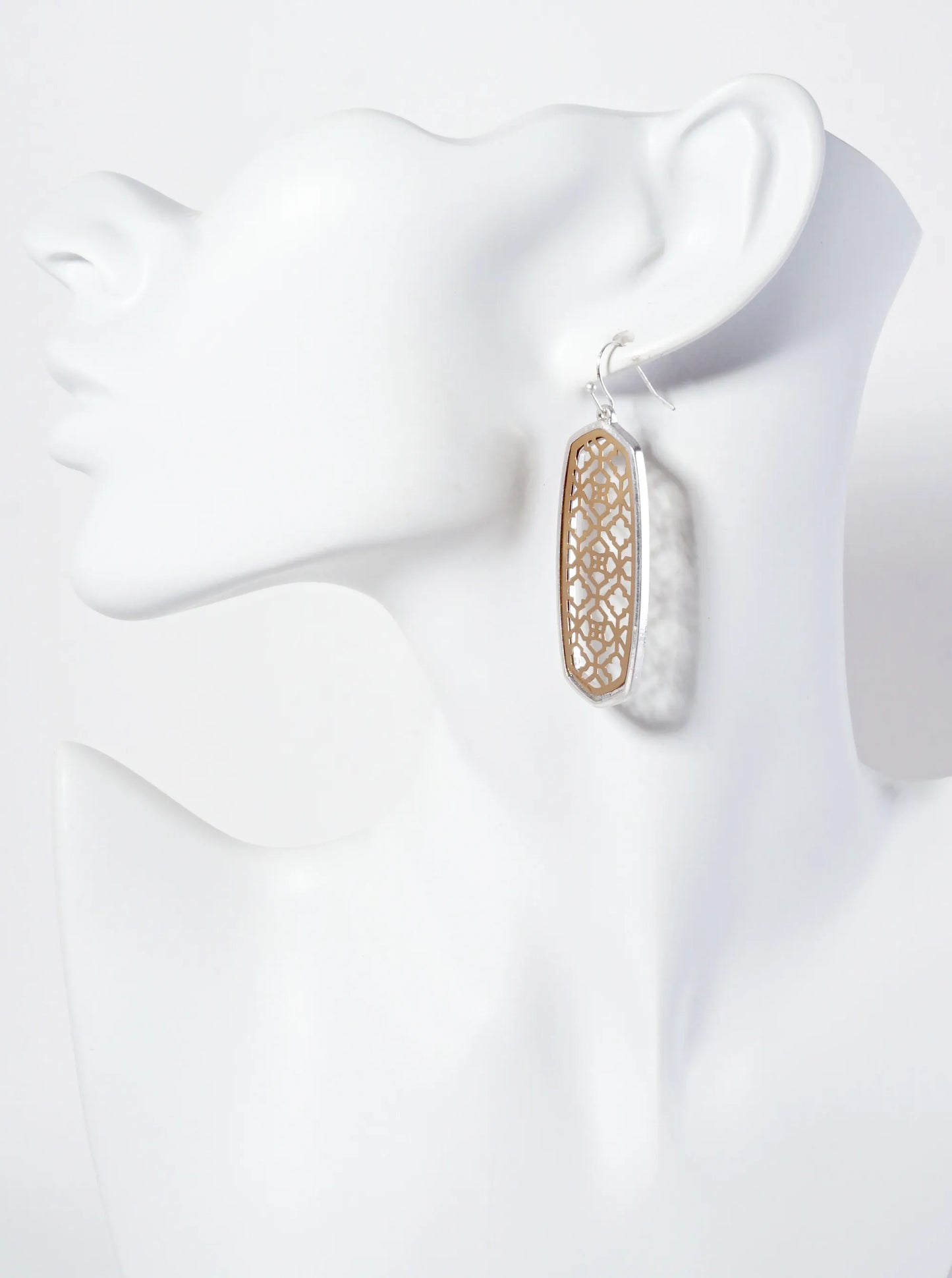 Dual-Tone Quatrefoil Filigree Hexagon Drop Dangle Earrings