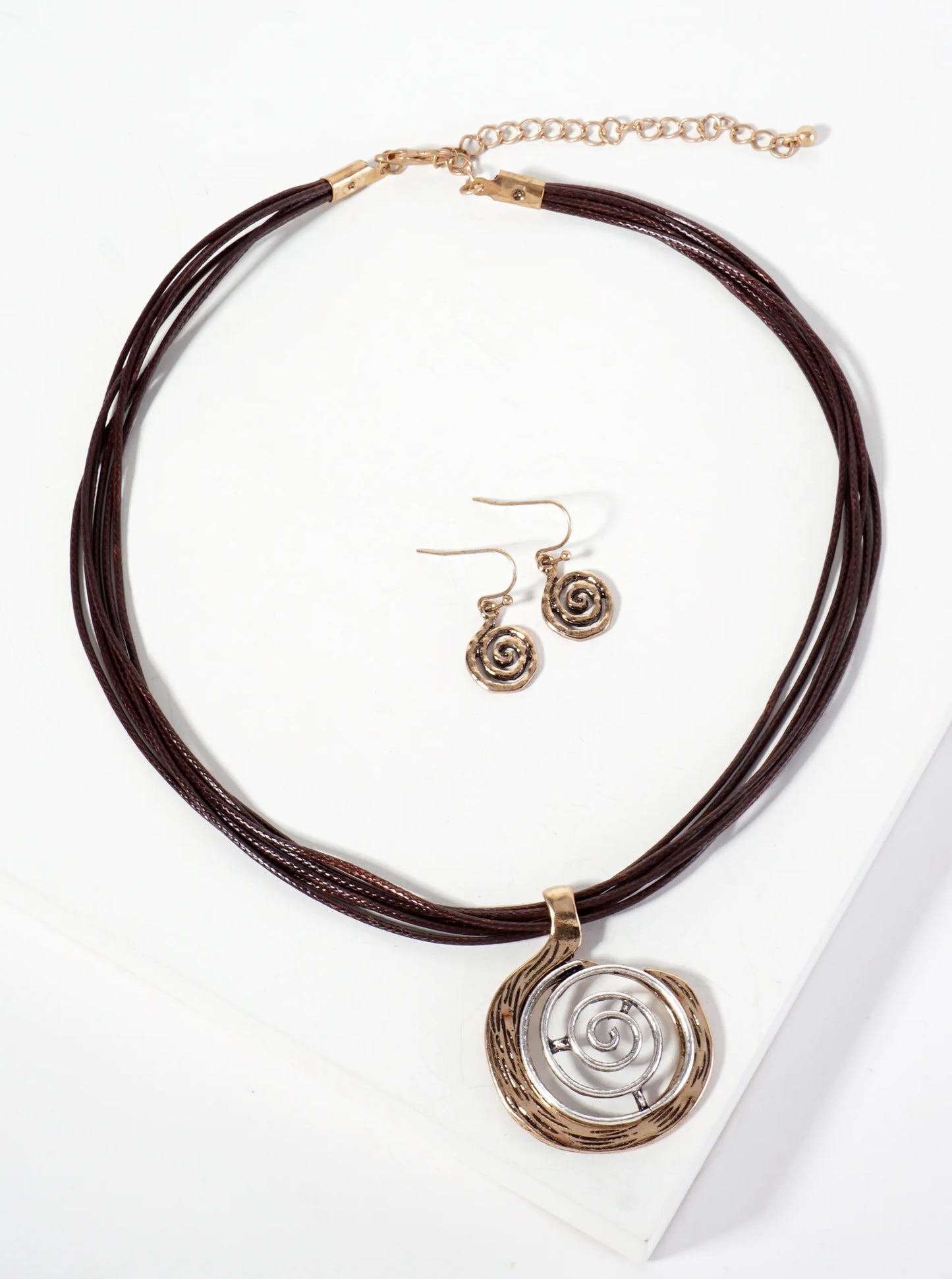 Dual-Tone Textured Spiral Pendant Layered Leatherette Necklace Set-with-Earrings