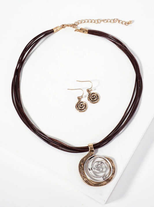 Dual-Tone Textured Spiral Pendant Layered Leatherette Necklace Set-with-Earrings