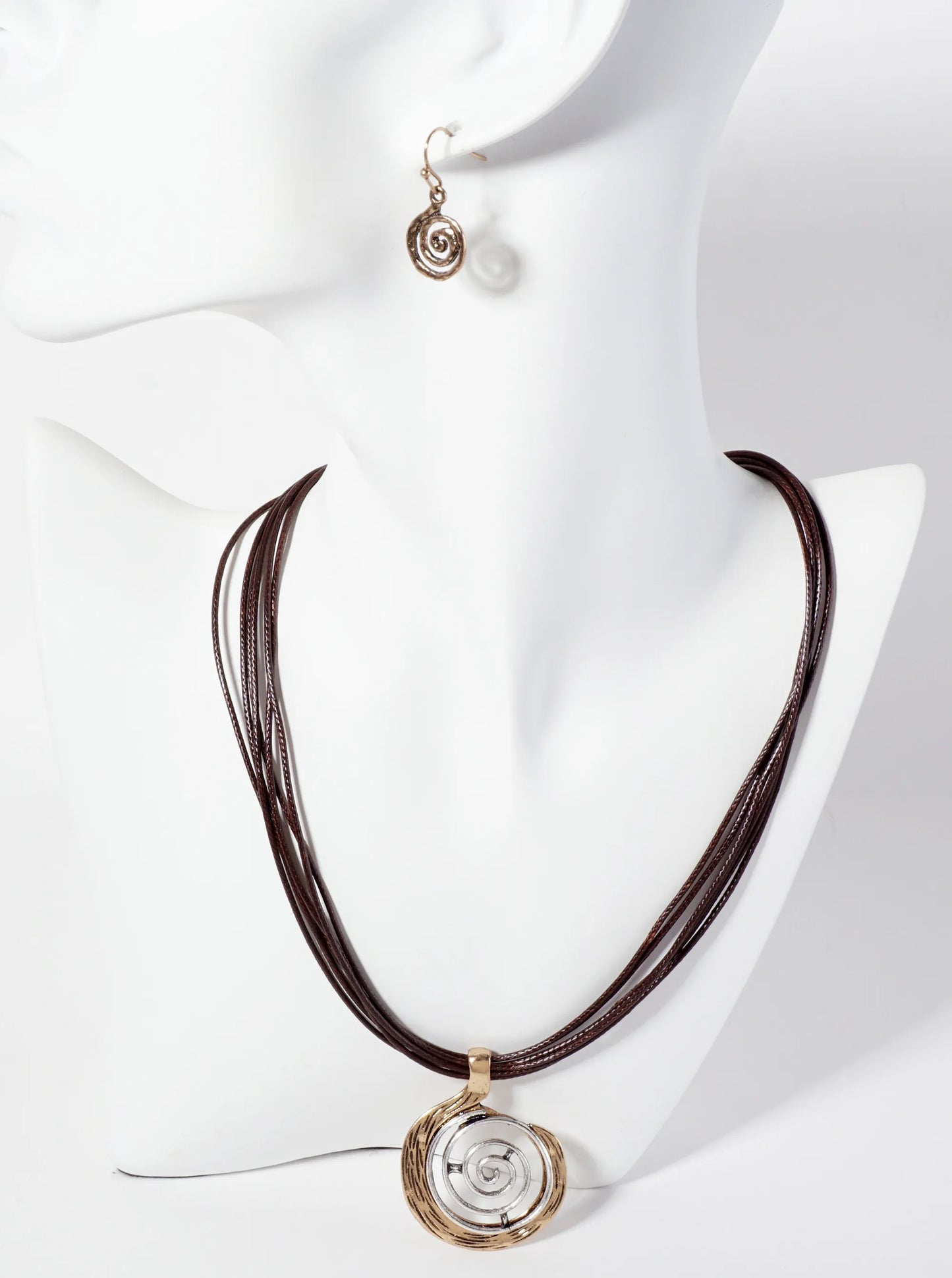 Dual-Tone Textured Spiral Pendant Layered Leatherette Necklace Set-with-Earrings