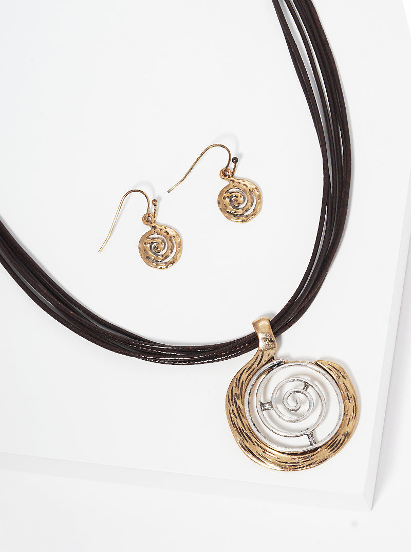 Dual-Tone Textured Spiral Pendant Layered Leatherette Necklace Set-with-Earrings