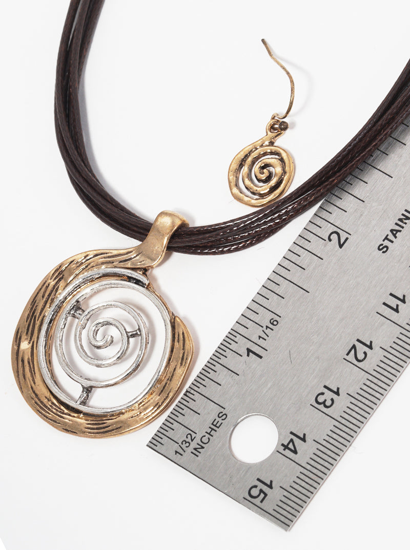 Dual-Tone Textured Spiral Pendant Layered Leatherette Necklace Set-with-Earrings