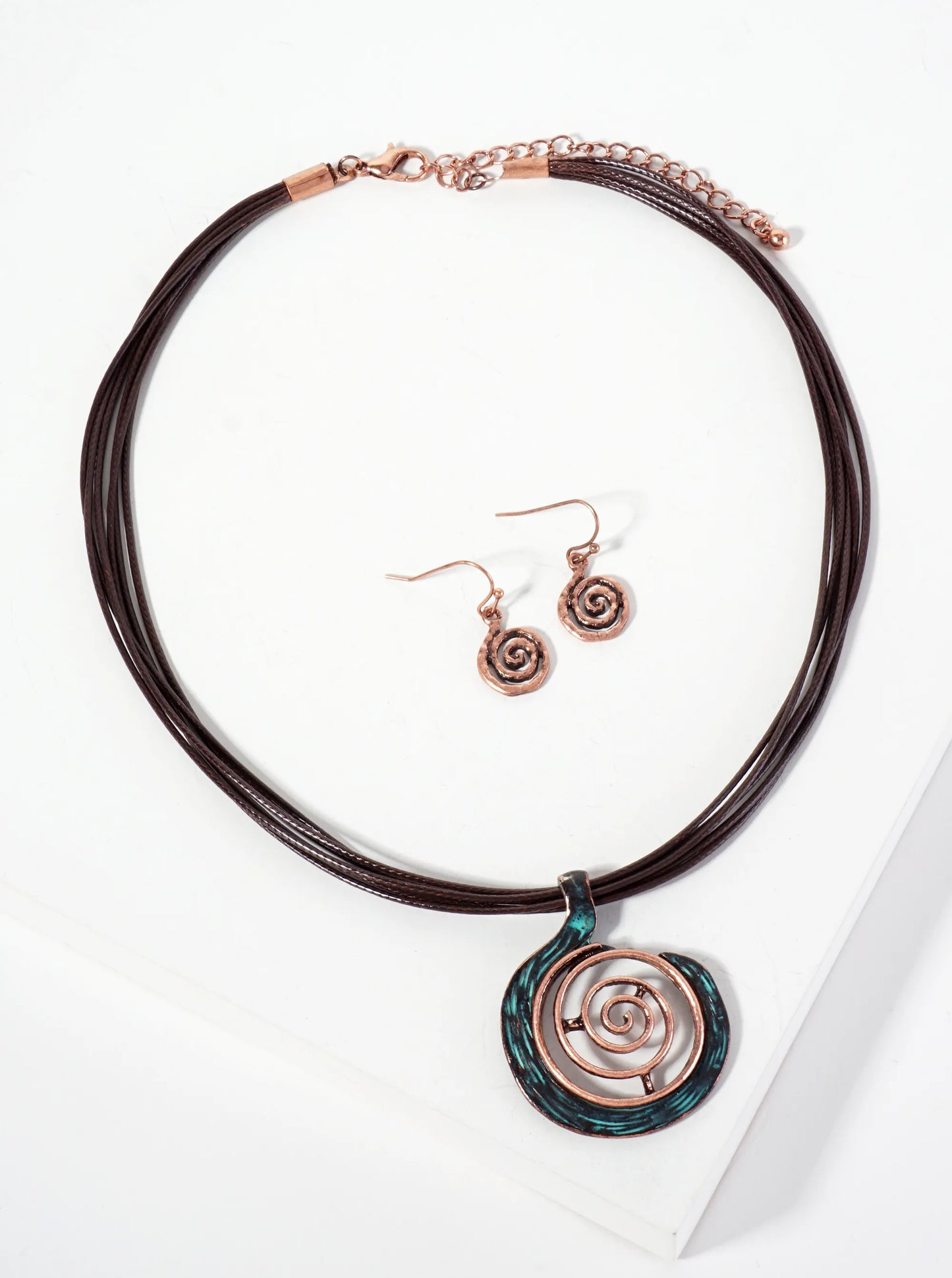 Dual-Tone Textured Spiral Pendant Layered Leatherette Necklace Set-with-Earrings