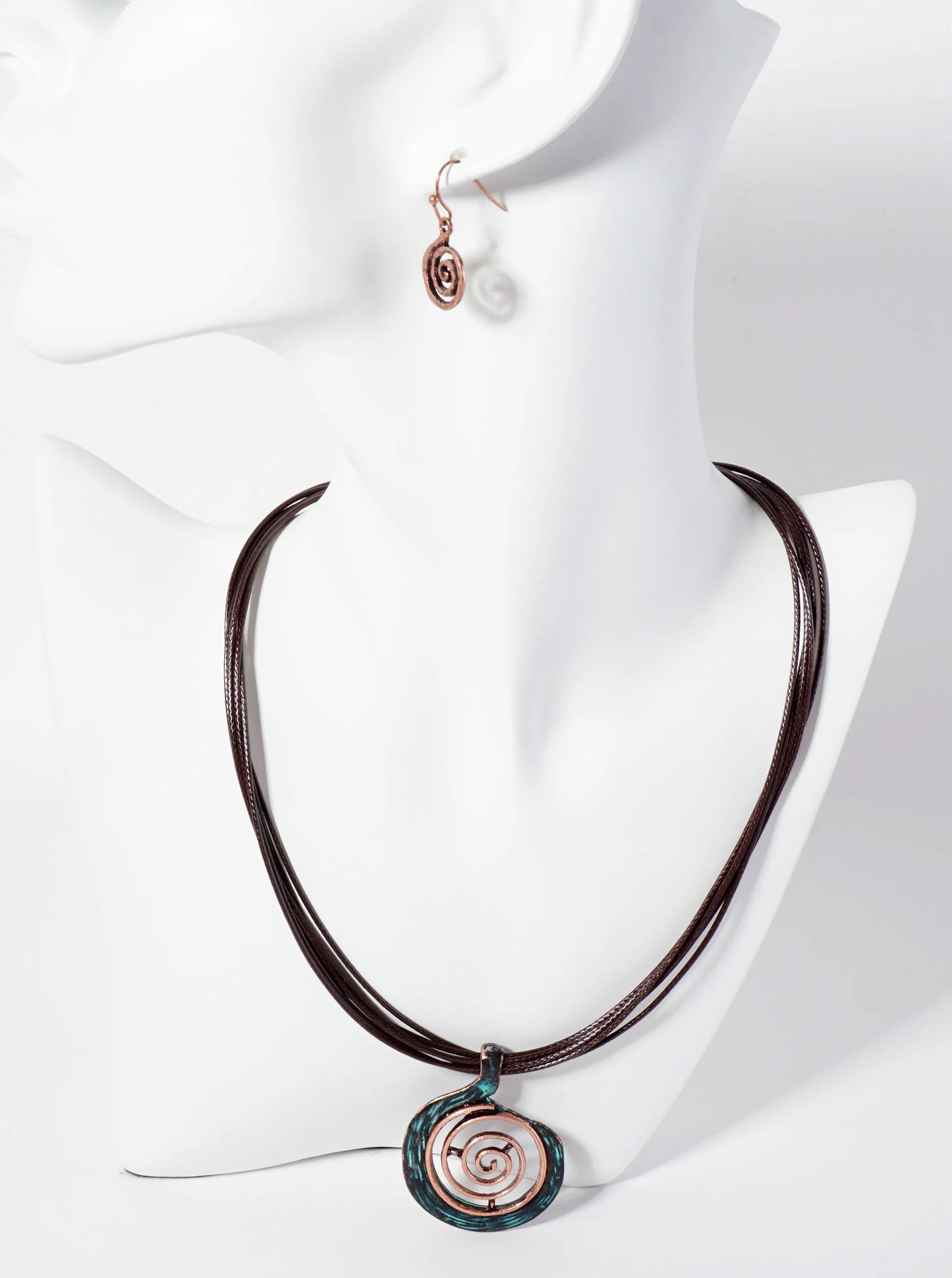 Dual-Tone Textured Spiral Pendant Layered Leatherette Necklace Set-with-Earrings