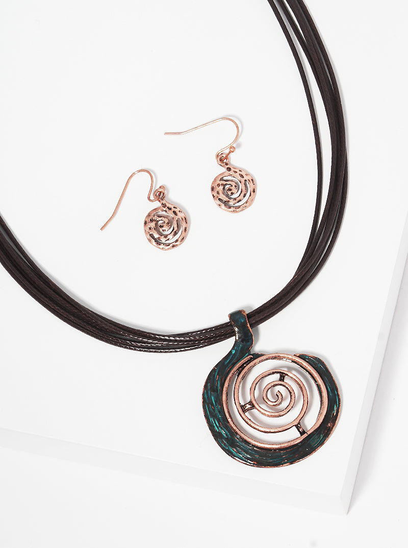 Dual-Tone Textured Spiral Pendant Layered Leatherette Necklace Set-with-Earrings