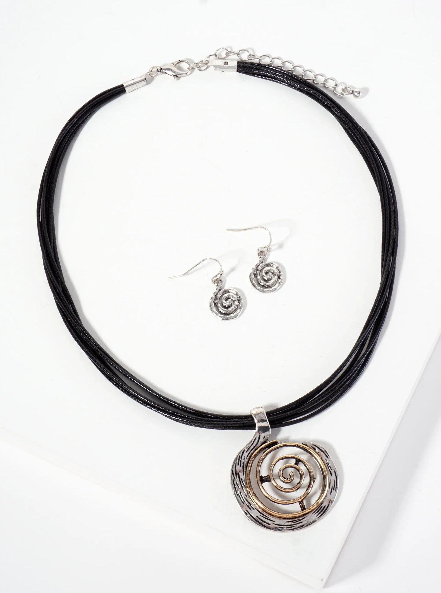 Dual-Tone Textured Spiral Pendant Layered Leatherette Necklace Set-with-Earrings
