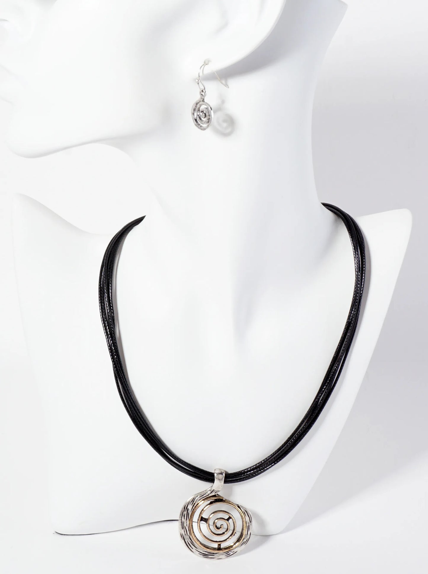 Dual-Tone Textured Spiral Pendant Layered Leatherette Necklace Set-with-Earrings