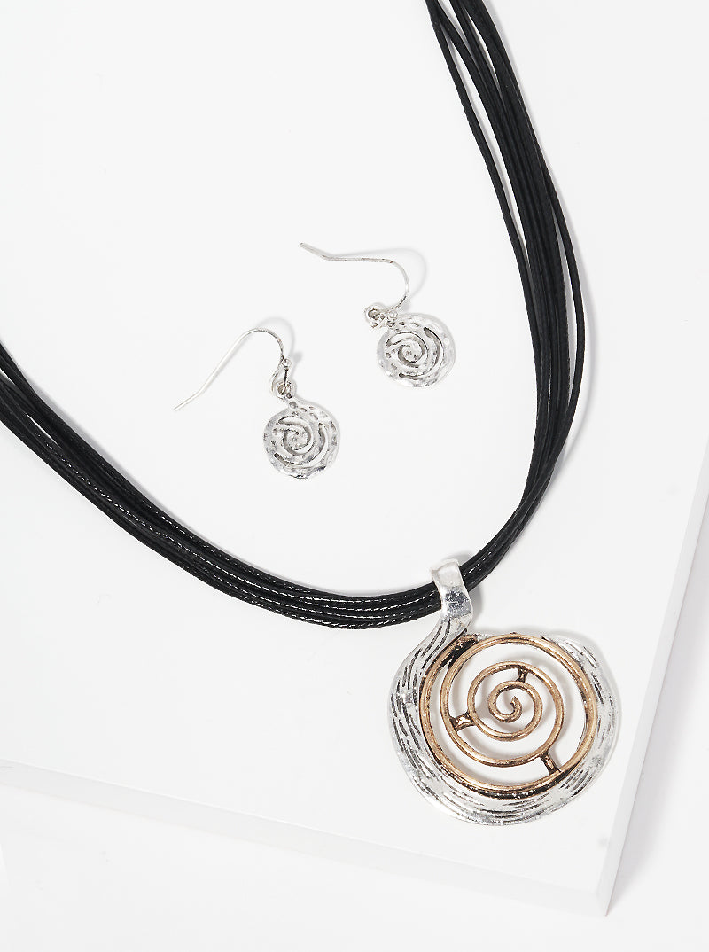 Dual-Tone Textured Spiral Pendant Layered Leatherette Necklace Set-with-Earrings