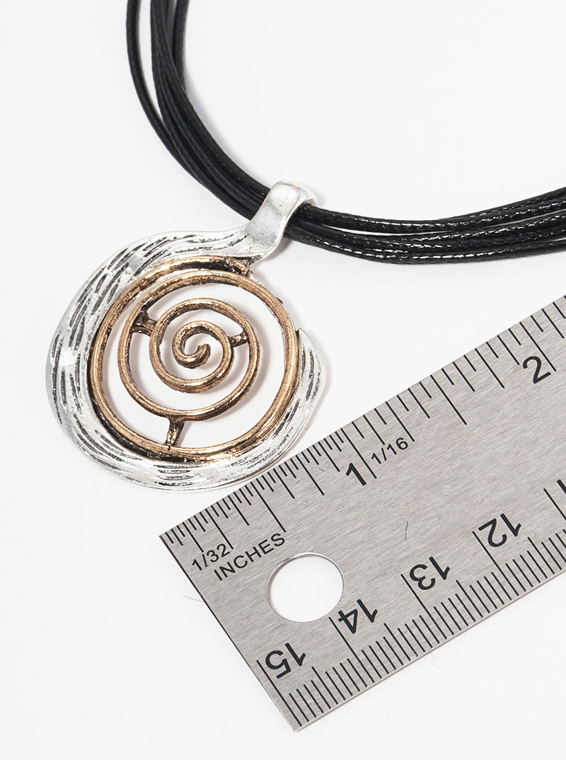 Dual-Tone Textured Spiral Pendant Layered Leatherette Necklace Set-with-Earrings