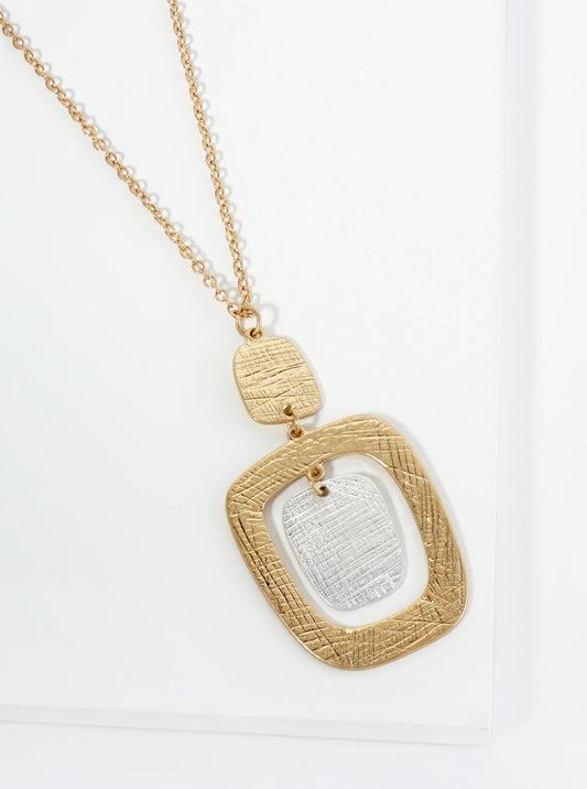 Dual-Tone Textured Square Pendant Geometric 32 Inch Long Necklace