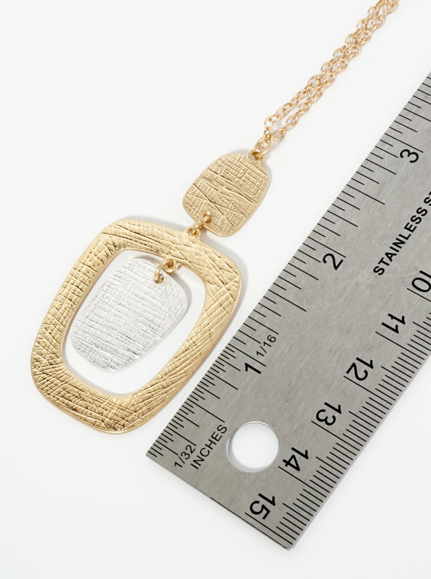 Dual-Tone Textured Square Pendant Geometric 32 Inch Long Necklace