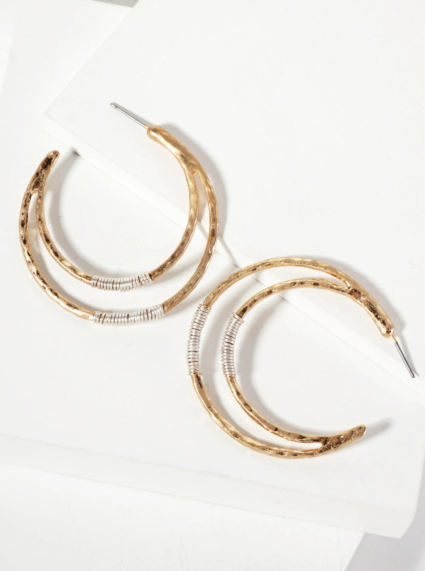 Dual-Tone Wire-Wrapped Hammered-Texture 40mm Crescent Open Hoop Earrings