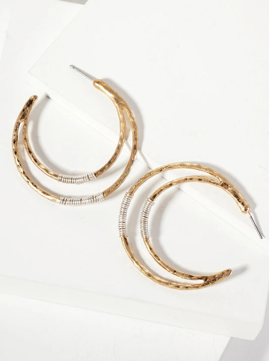 Dual-Tone Wire-Wrapped Hammered-Texture 40mm Crescent Open Hoop Earrings