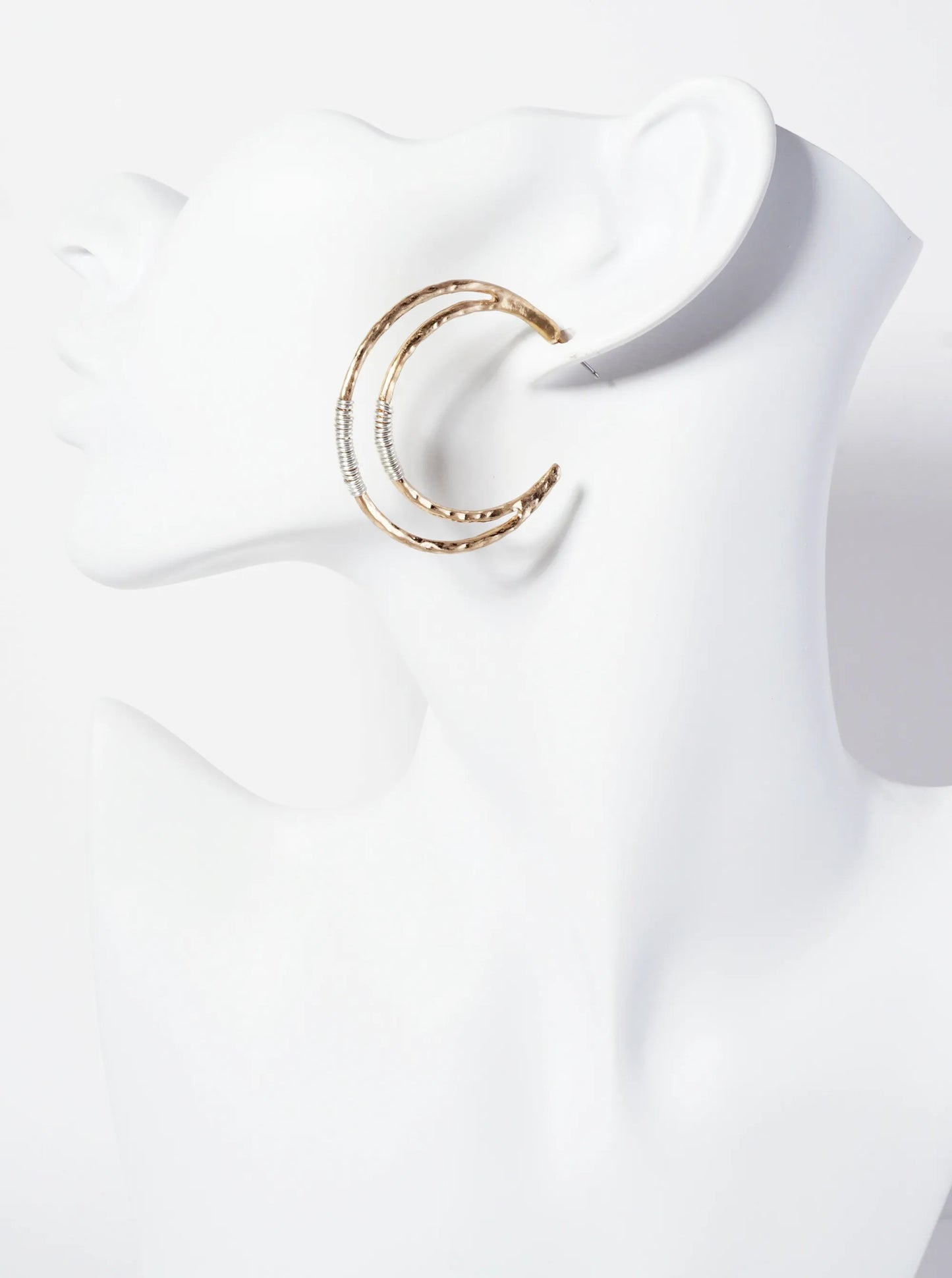 Dual-Tone Wire-Wrapped Hammered-Texture 40mm Crescent Open Hoop Earrings