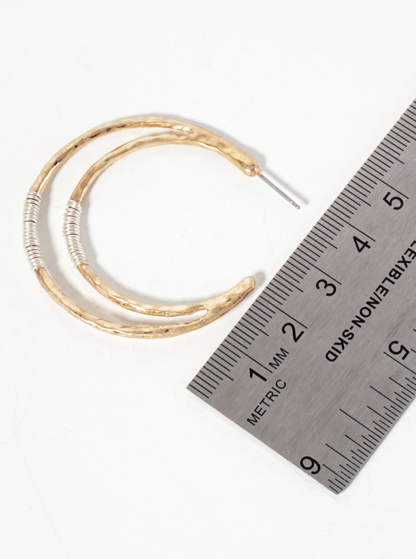 Dual-Tone Wire-Wrapped Hammered-Texture 40mm Crescent Open Hoop Earrings