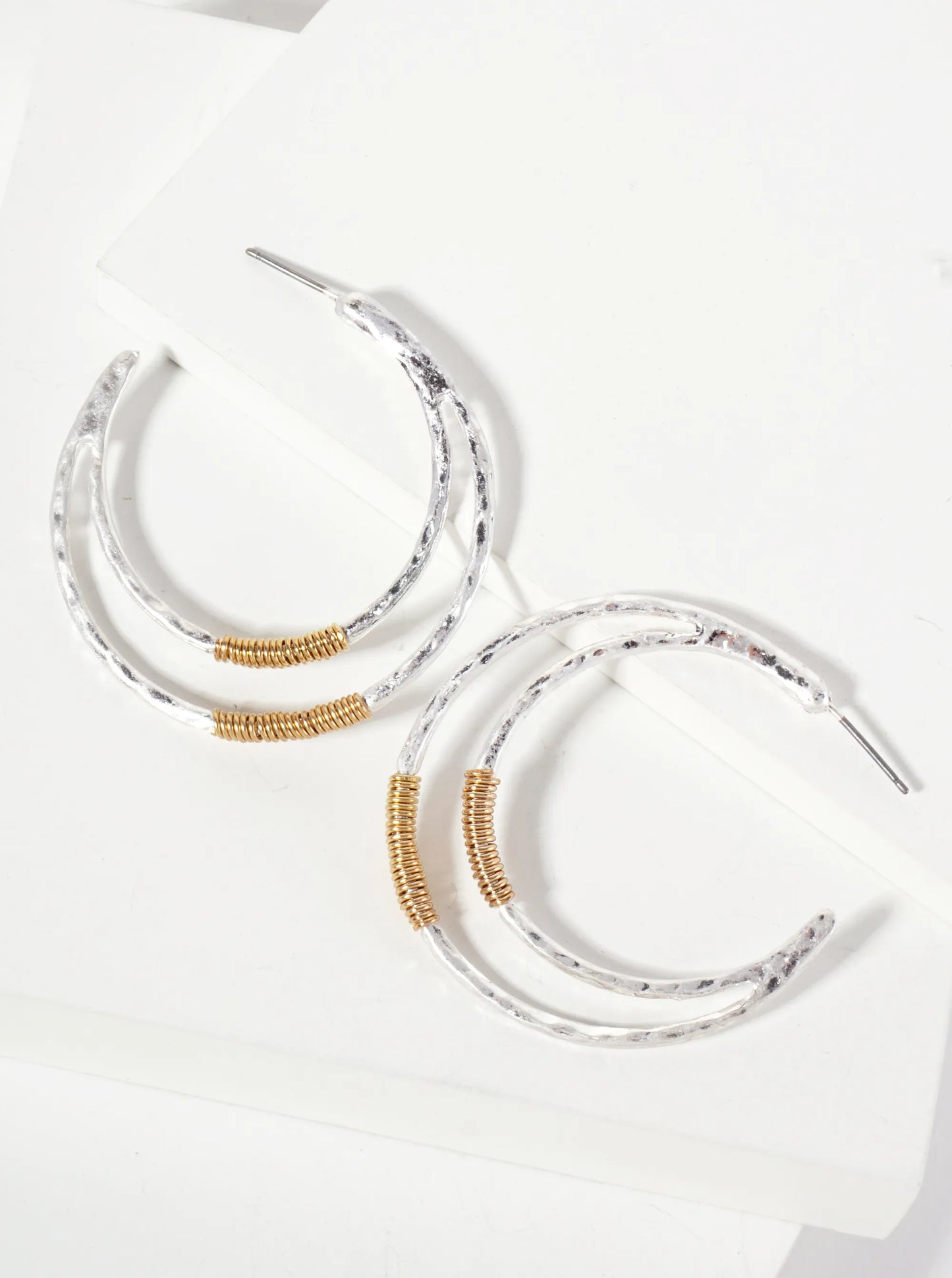 Dual-Tone Wire-Wrapped Hammered-Texture 40mm Crescent Open Hoop Earrings