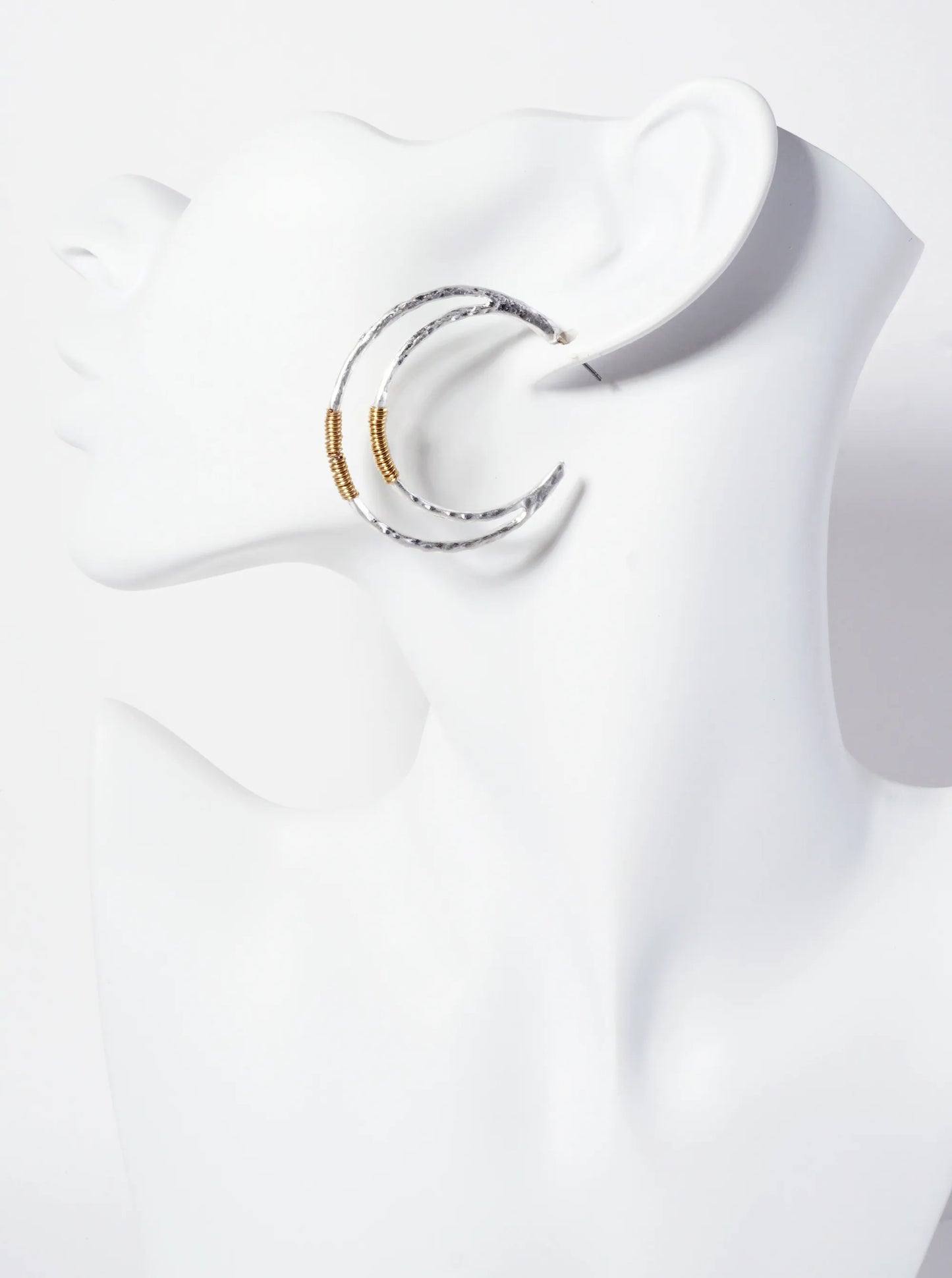 Dual-Tone Wire-Wrapped Hammered-Texture 40mm Crescent Open Hoop Earrings