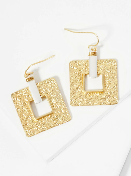 Dual-Tone Wire Wrapped Textured Square Drop Geometric Dangle Earrings