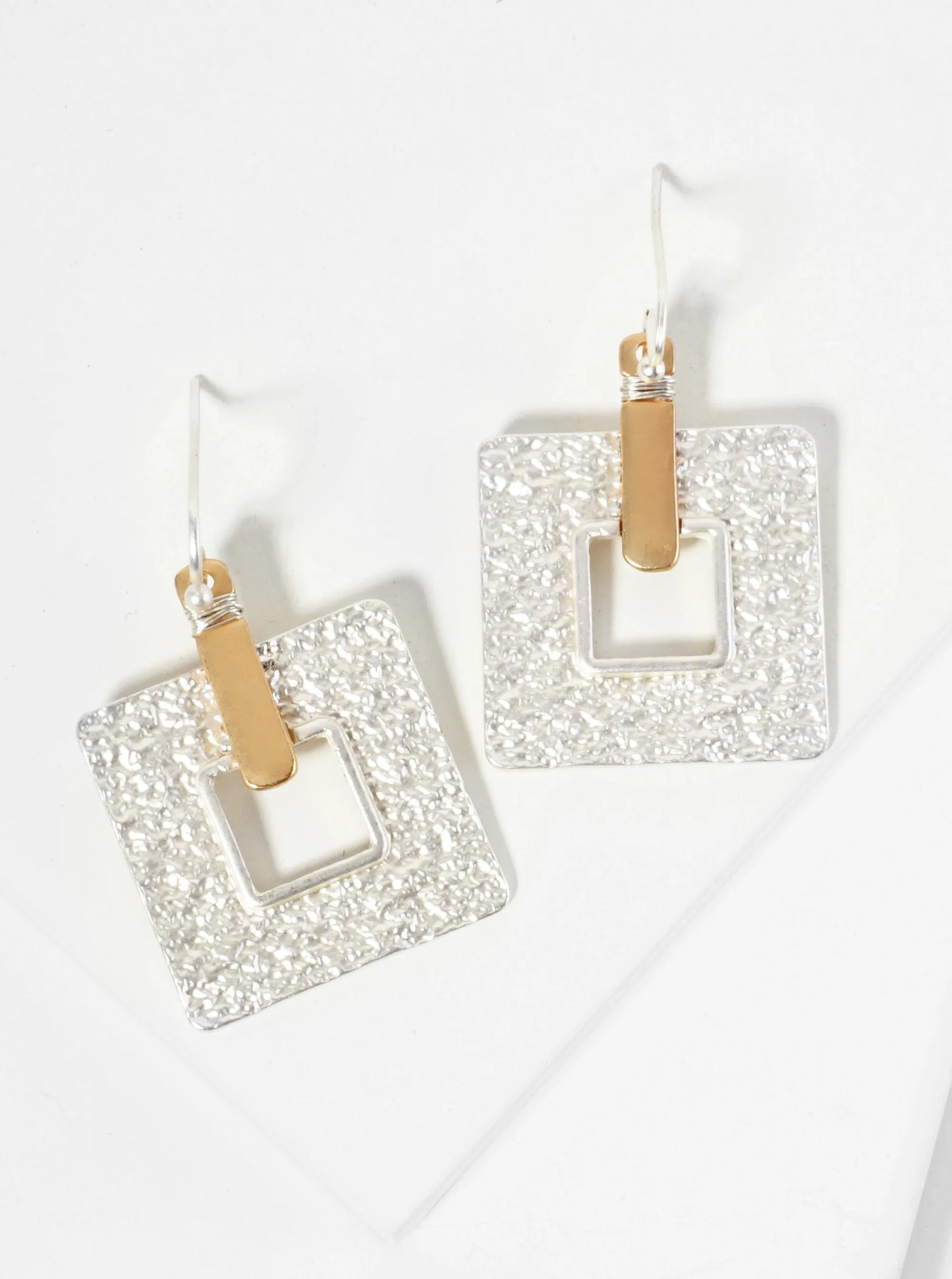 Dual-Tone Wire Wrapped Textured Square Drop Geometric Dangle Earrings