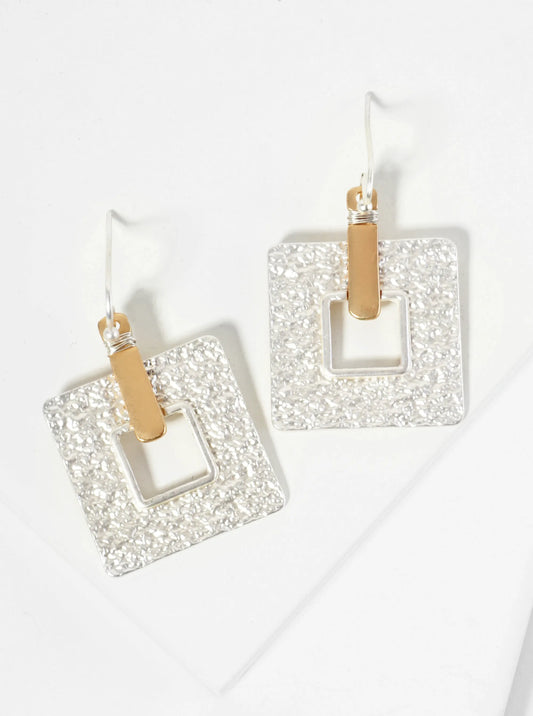 Dual-Tone Wire Wrapped Textured Square Drop Geometric Dangle Earrings