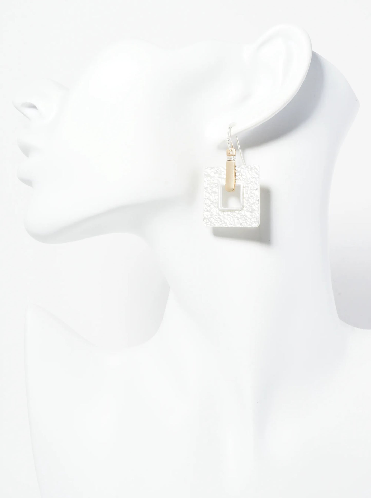 Dual-Tone Wire Wrapped Textured Square Drop Geometric Dangle Earrings