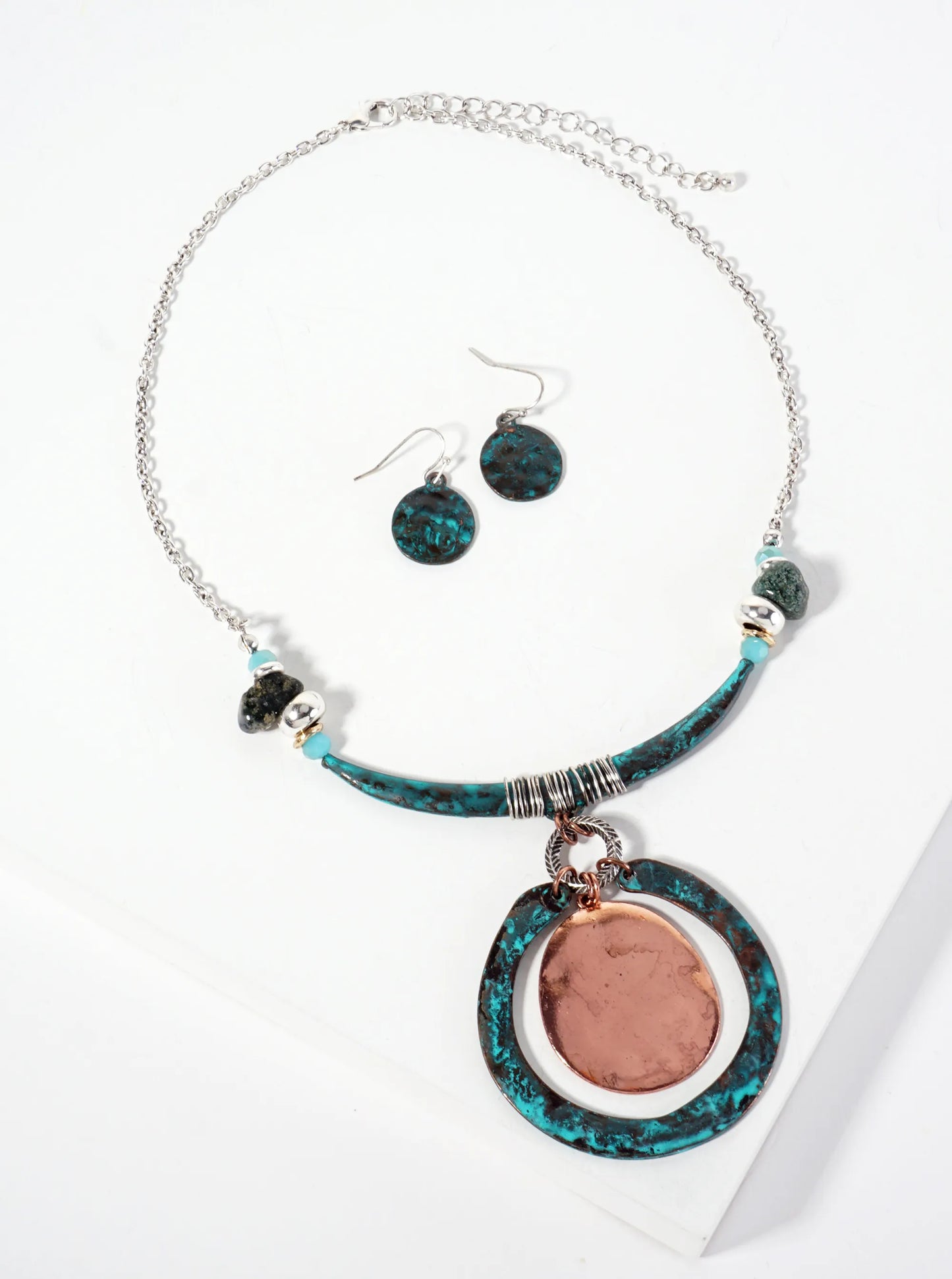 Dual-Tone Wired Curved Bar Double Circle Drop Statement Necklace Set-with-Earrings