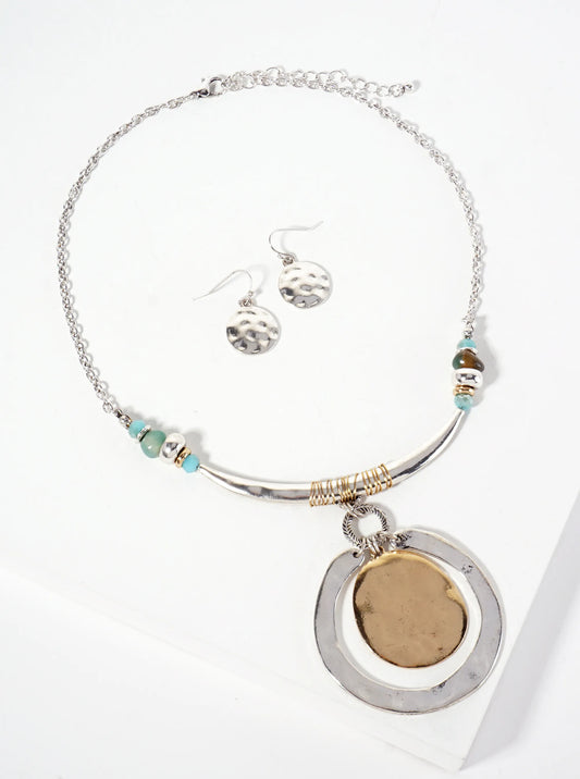 Dual-Tone Wired Curved Bar Double Circle Drop Statement Necklace Set-with-Earrings