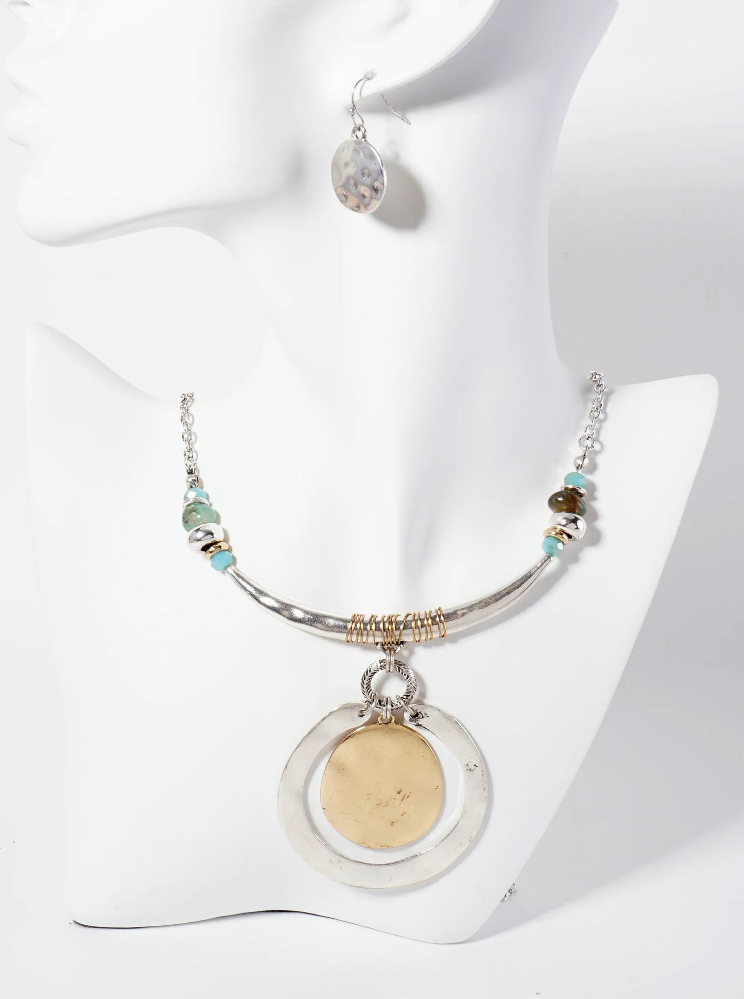 Dual-Tone Wired Curved Bar Double Circle Drop Statement Necklace Set-with-Earrings