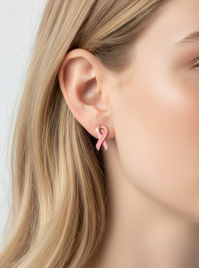 Pink Ribbon Polished Stud Earrings