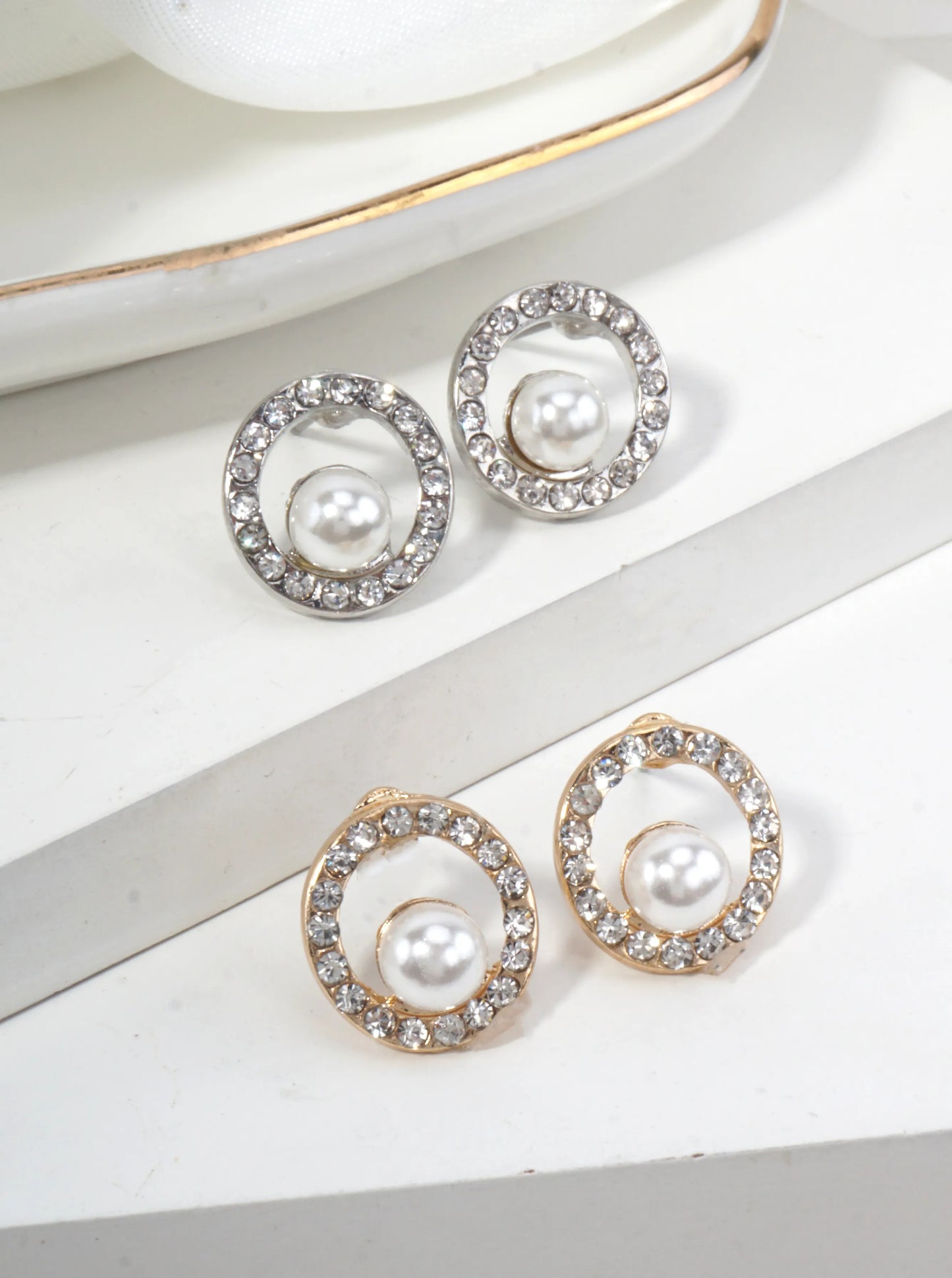 Round Pavé Pearl Stud Earrings