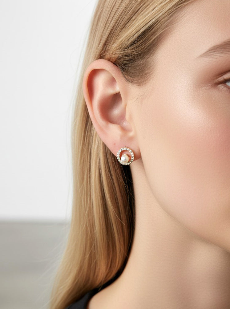 Round Pavé Pearl Stud Earrings