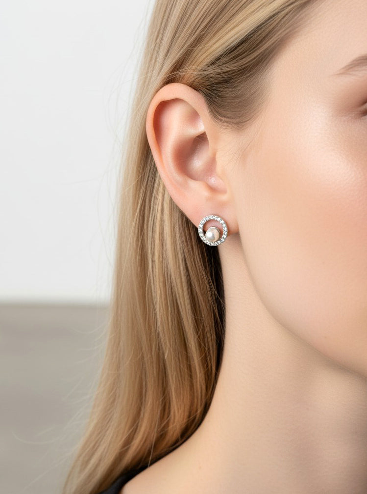 Round Pavé Pearl Stud Earrings
