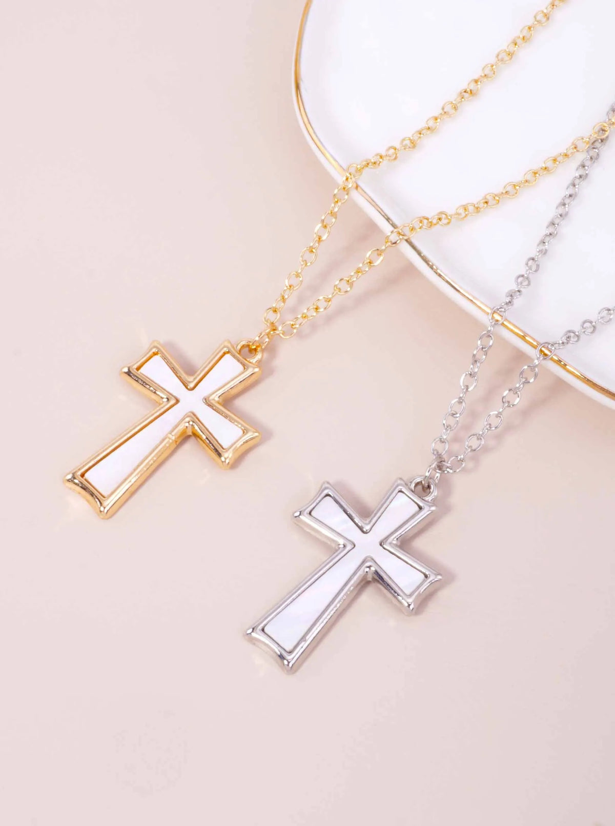 Elegant Cross Matinee Pendant Necklace - Gold Pearl