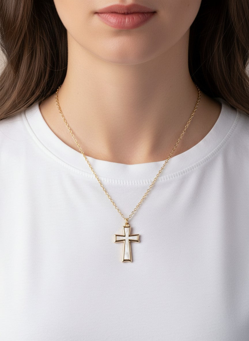 Elegant Cross Matinee Pendant Necklace - Gold Pearl