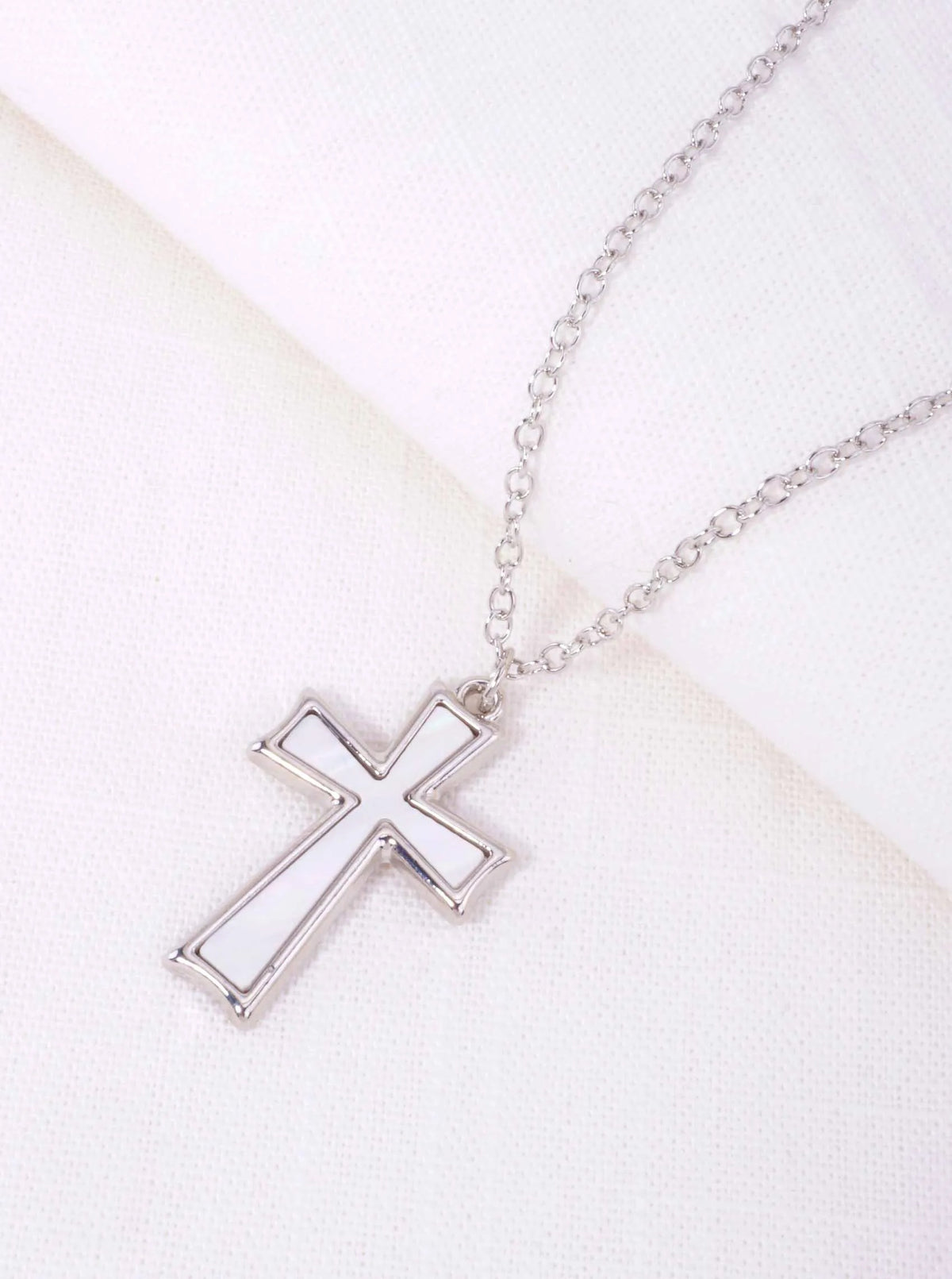 Elegant Cross Matinee Pendant Necklace - Rhodium Pearl