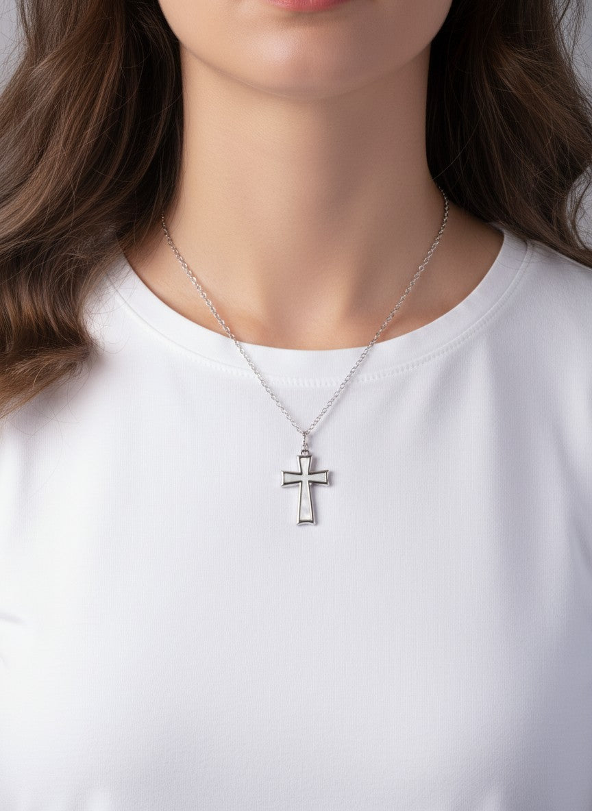 Elegant Cross Matinee Pendant Necklace - Rhodium Pearl