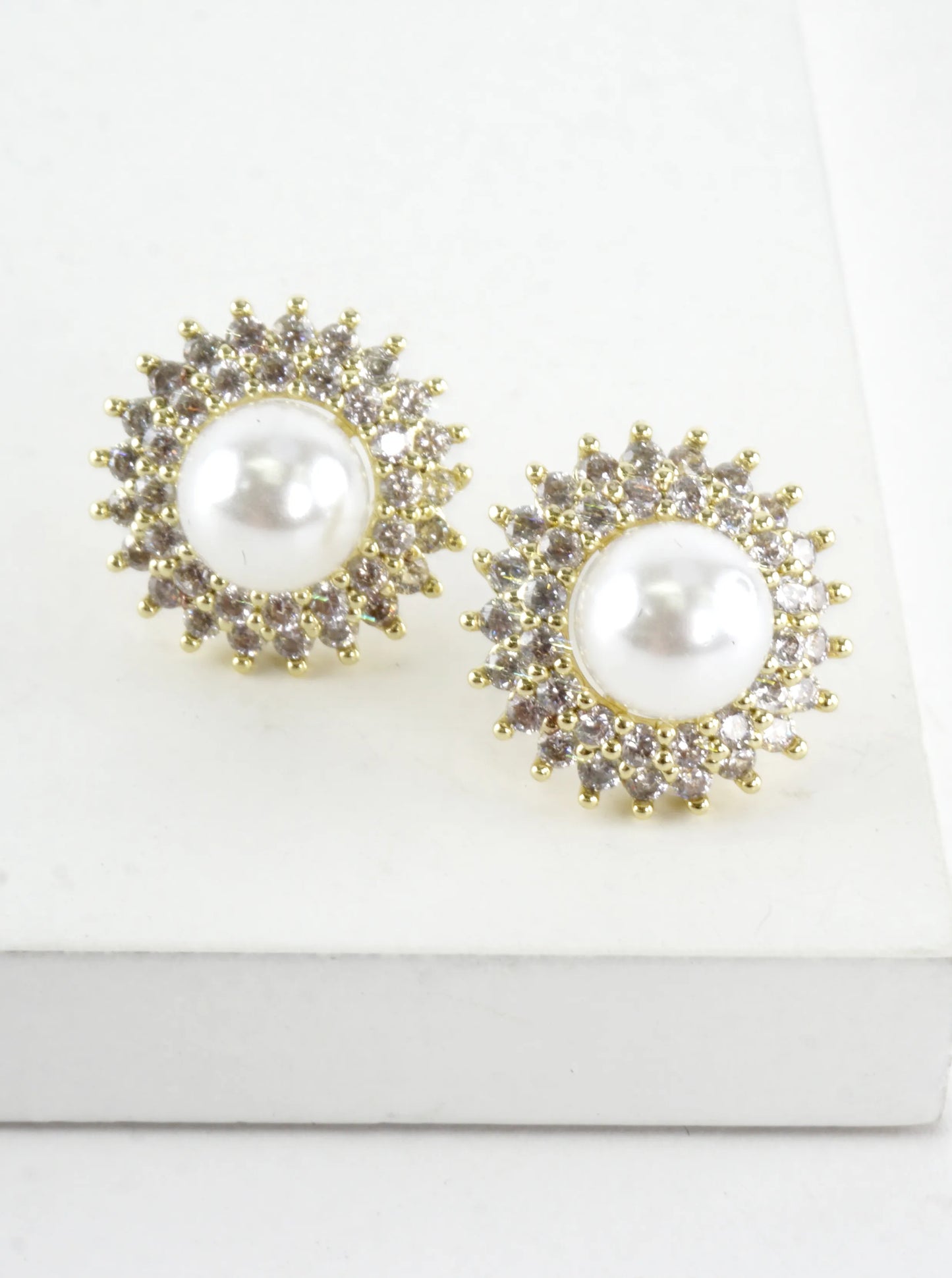 Elegant Pearl Halo Pave Stud Earrings
