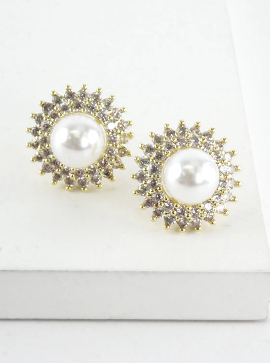 Elegant Pearl Halo Pave Stud Earrings